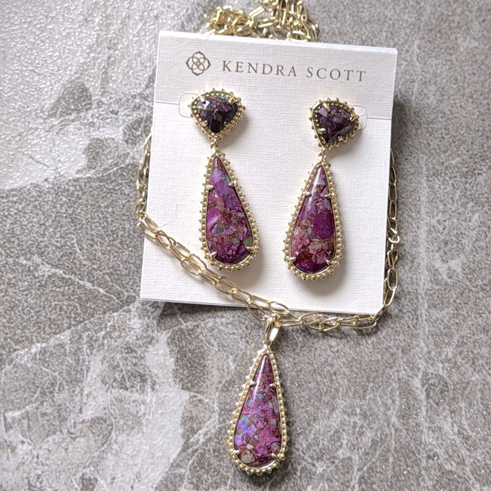 Kendra Scott Payton Drop Earring Pendant Necklace Set Purple and Gold